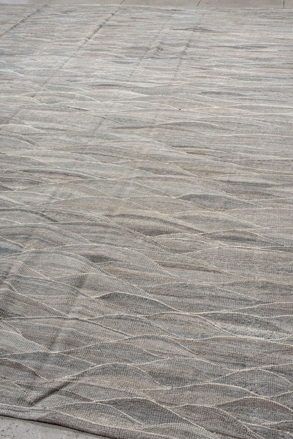 12' x 15' one-of-a-kind handmade vintage Kilim oversize rug. Color palette: gray, taupe, ivory, beige, slate