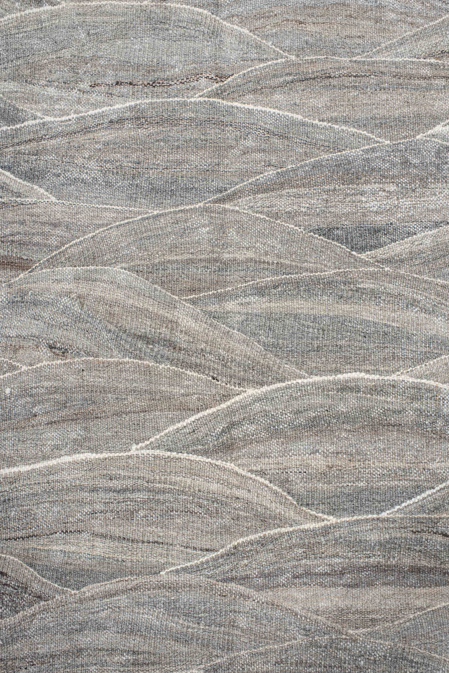 12' x 15' one-of-a-kind handmade vintage Kilim oversize rug. Color palette: gray, taupe, ivory, beige, slate