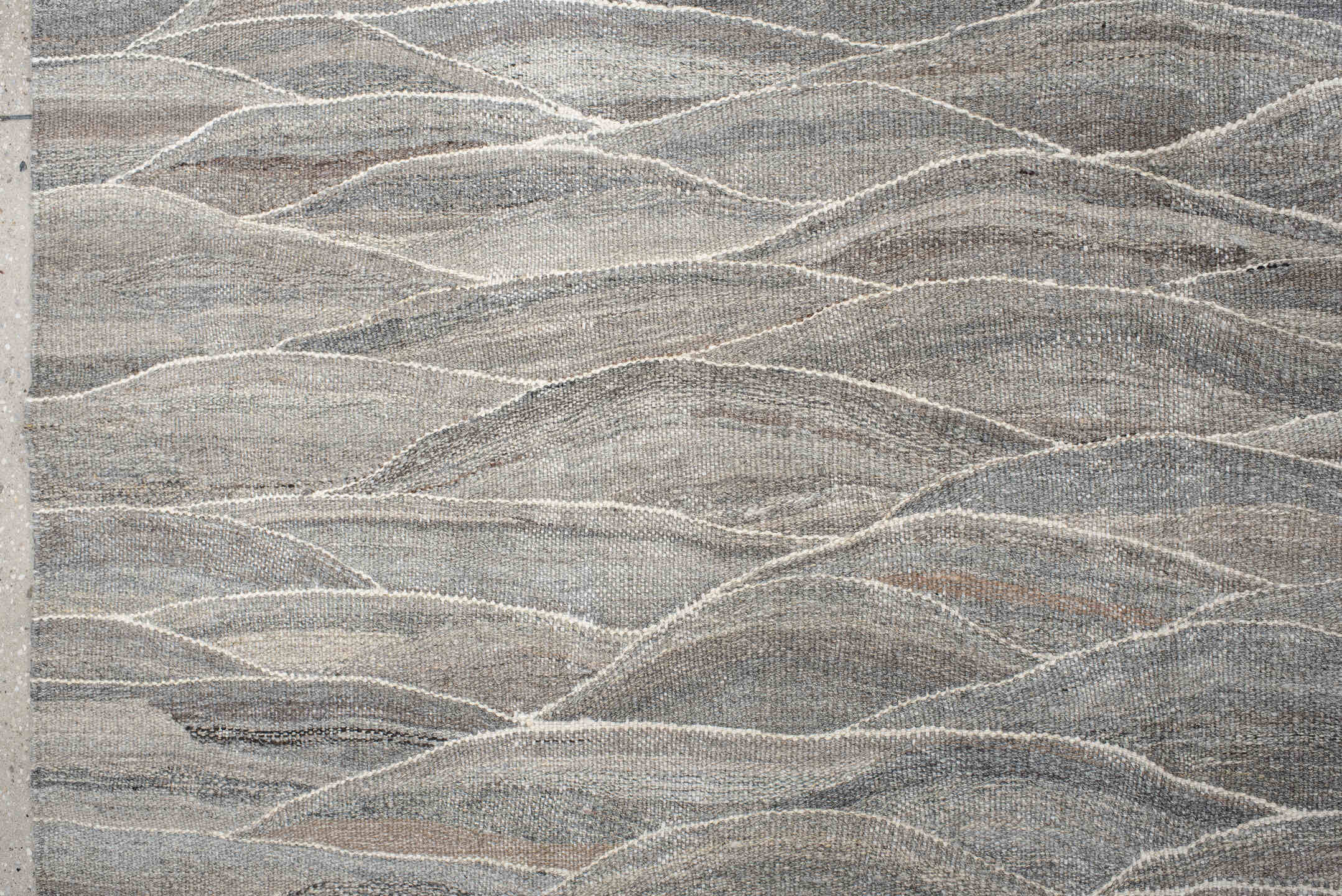 12' x 15' one-of-a-kind handmade vintage Kilim oversize rug. Color palette: gray, taupe, ivory, beige, slate