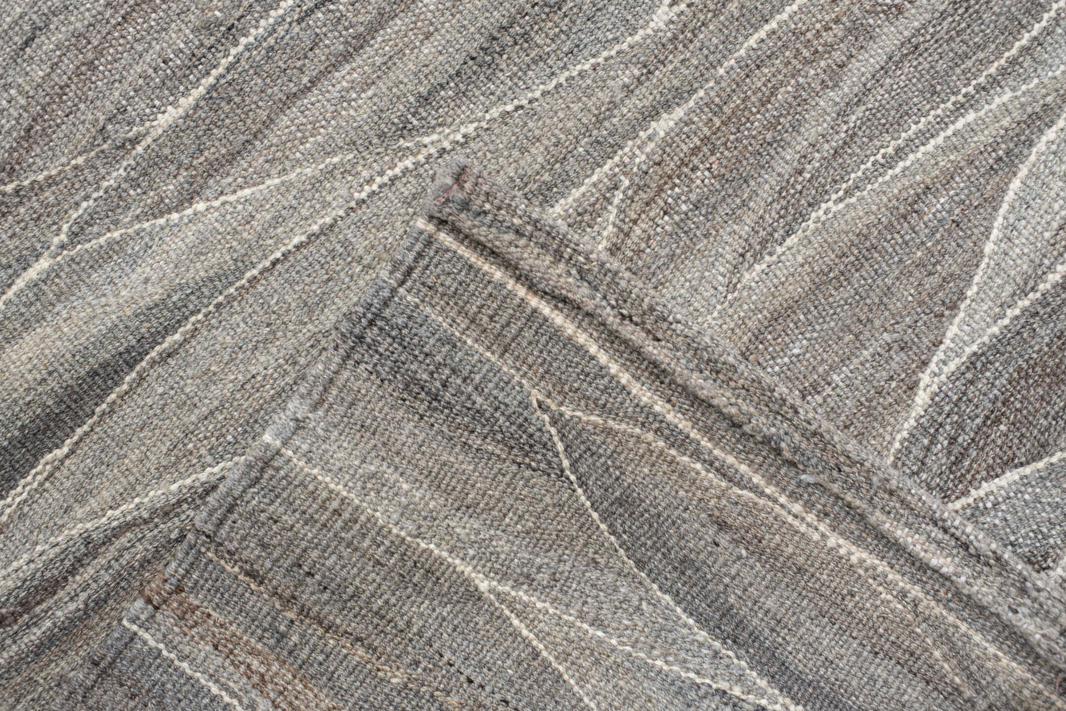 12' x 15' one-of-a-kind handmade vintage Kilim oversize rug. Color palette: gray, taupe, ivory, beige, slate