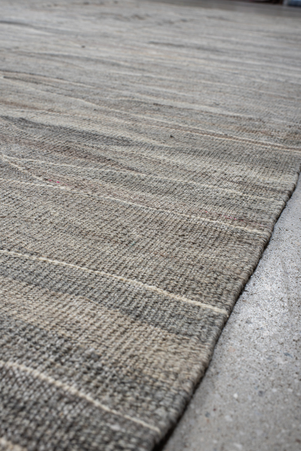 12' x 15' one-of-a-kind handmade vintage Kilim oversize rug. Color palette: gray, taupe, ivory, beige, slate