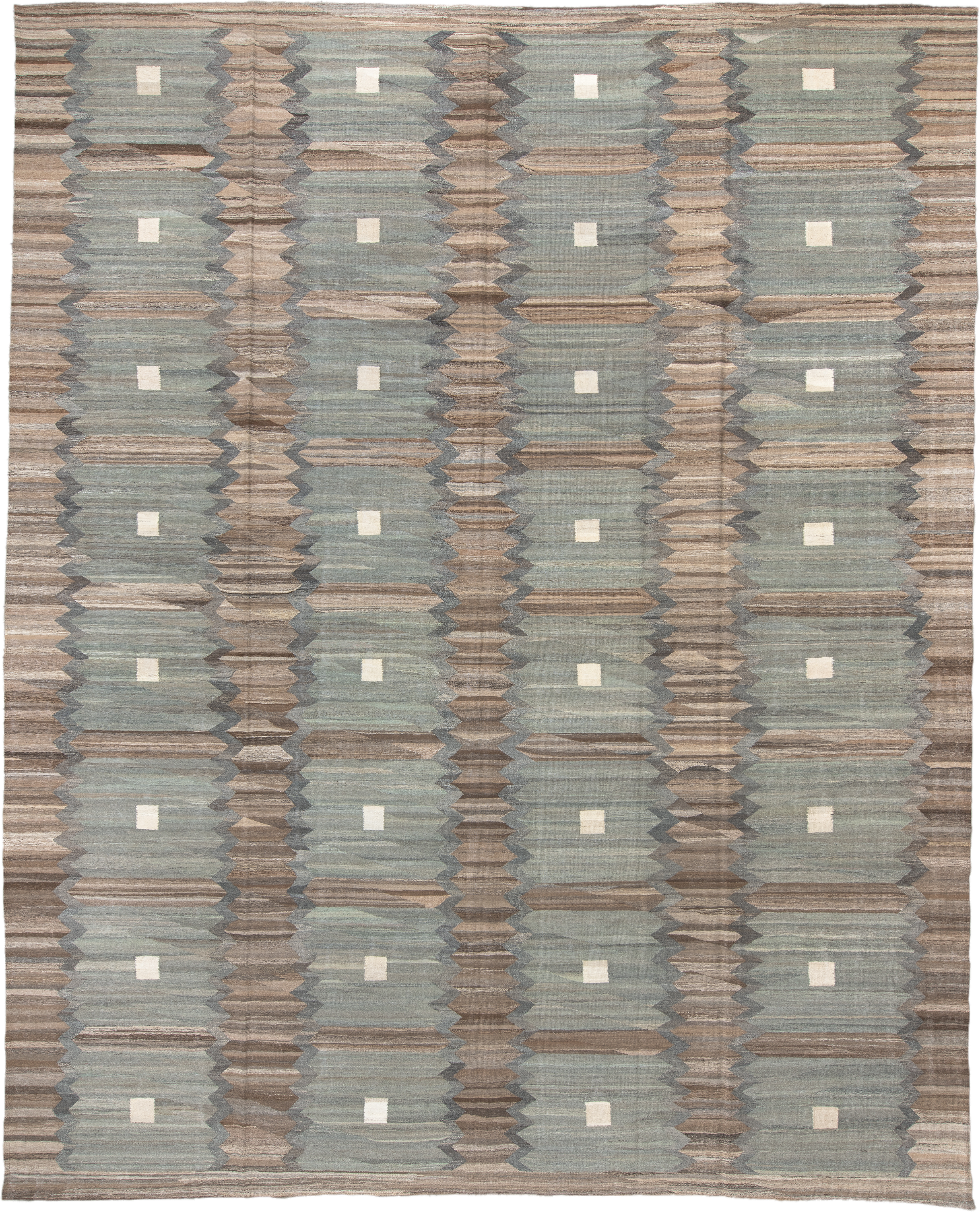 13' x 16' one-of-a-kind handmade vintage Kilim oversize rug. Color palette: taupe, blue_gray, ivory, slate, beige, brown