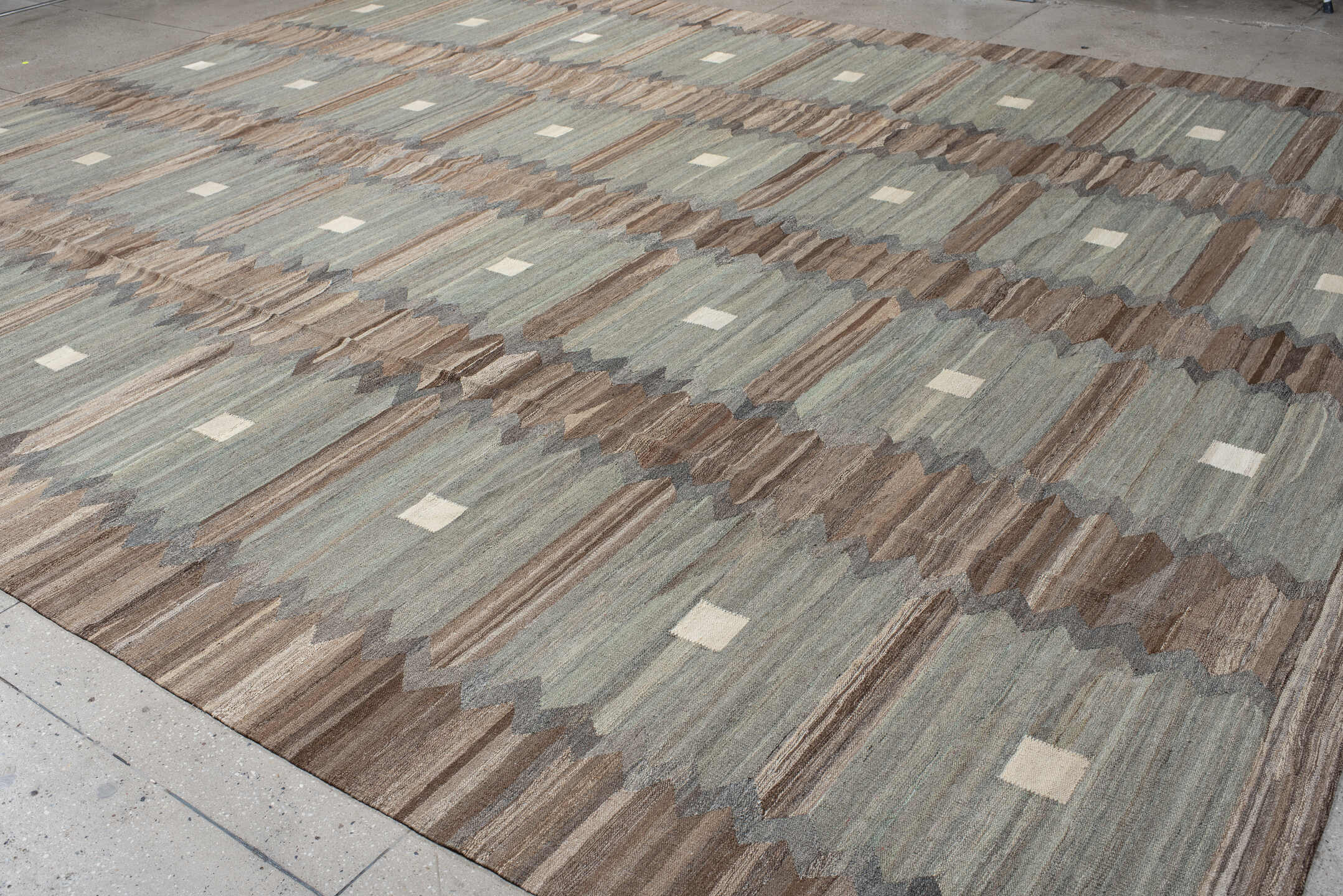 13' x 16' one-of-a-kind handmade vintage Kilim oversize rug. Color palette: taupe, blue_gray, ivory, slate, beige, brown
