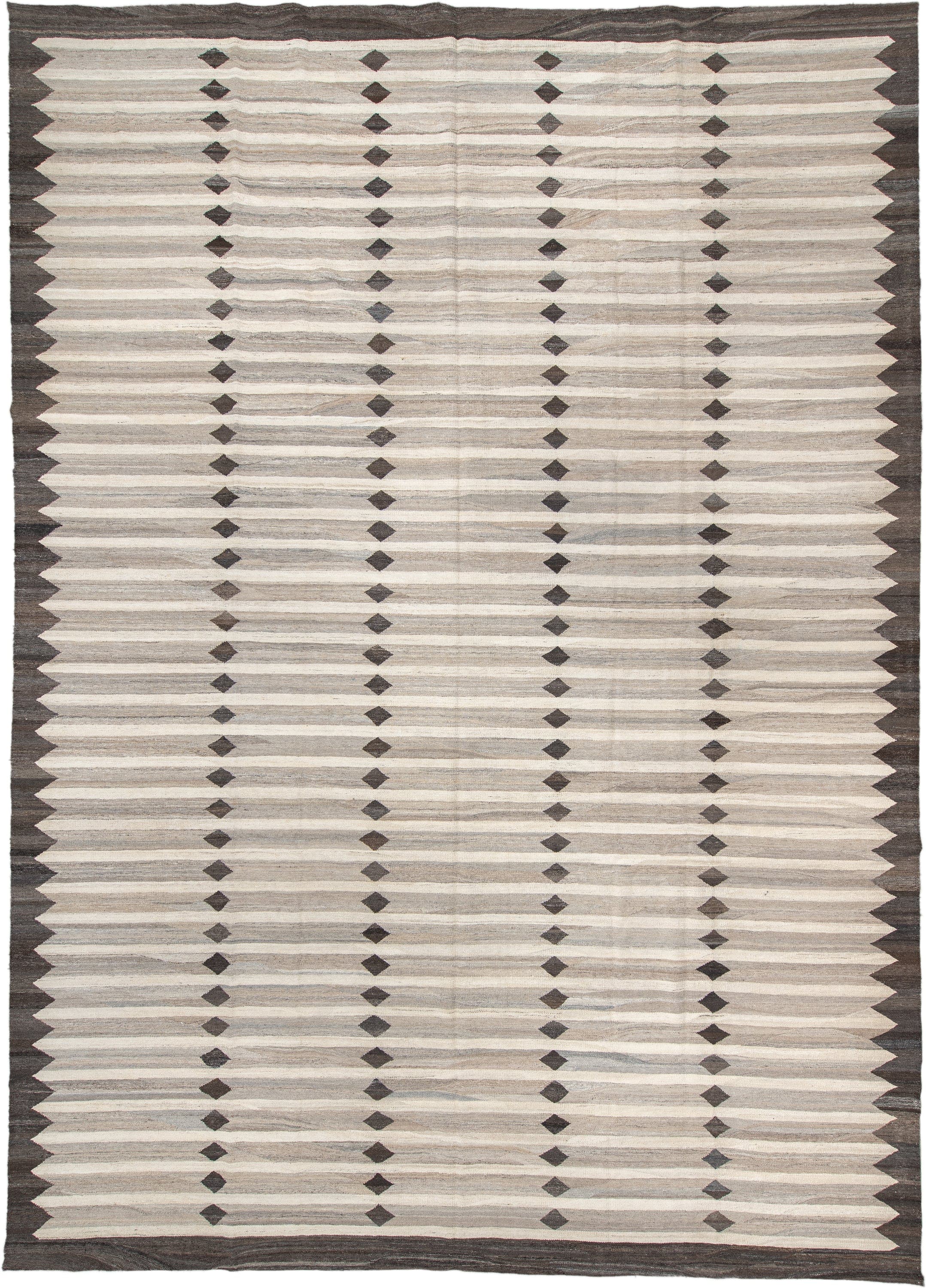 13' x 18' one-of-a-kind handmade vintage Kilim oversize rug. Color palette: ivory, charcoal, taupe, gray, cream, black