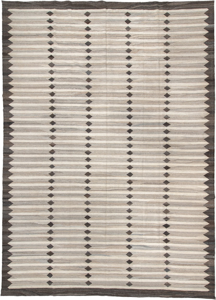 13' x 18' one-of-a-kind handmade vintage Kilim oversize rug. Color palette: ivory, charcoal, taupe, gray, cream, black