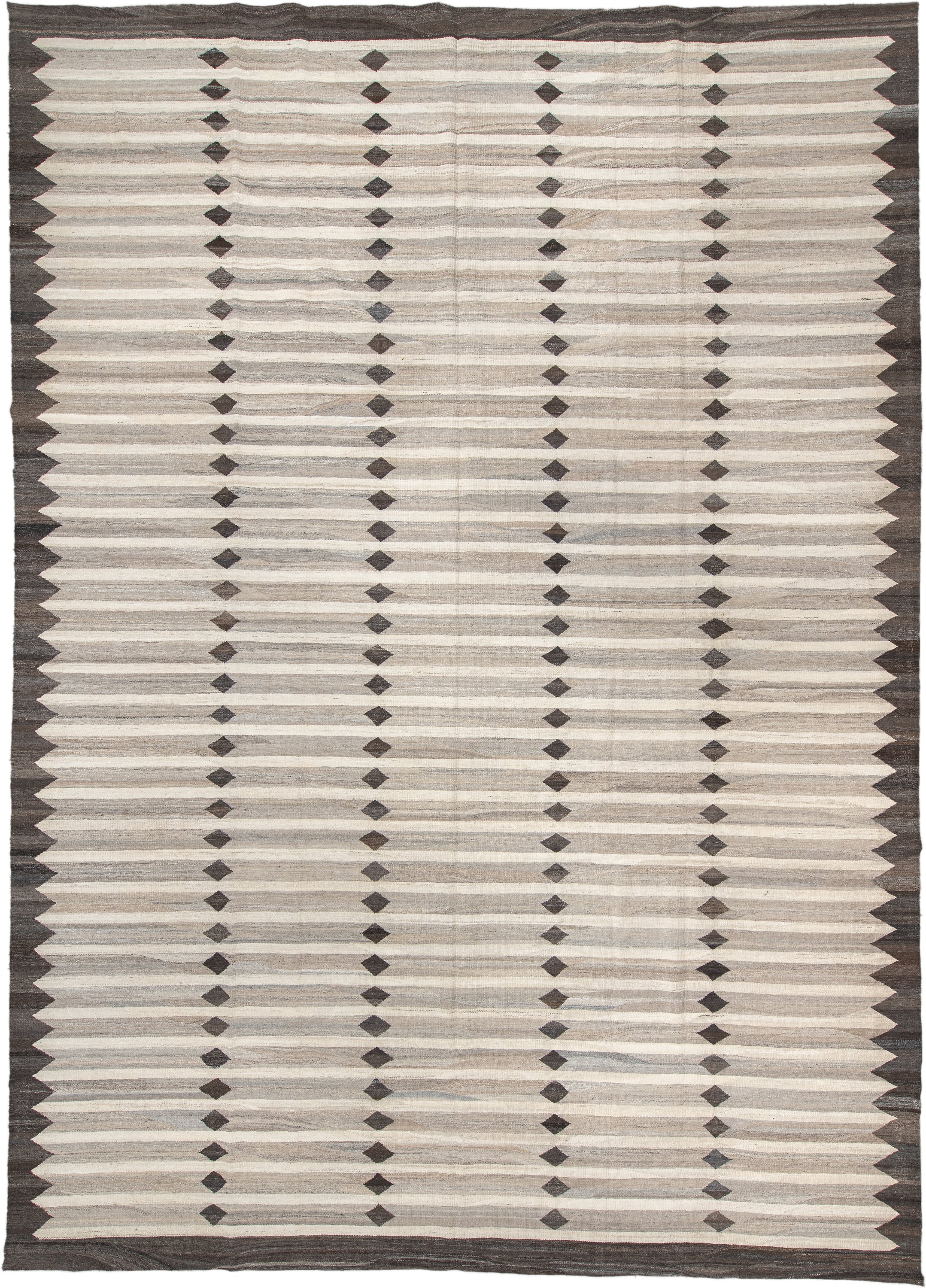 13' x 18' one-of-a-kind handmade vintage Kilim oversize rug. Color palette: ivory, charcoal, taupe, gray, cream, black
