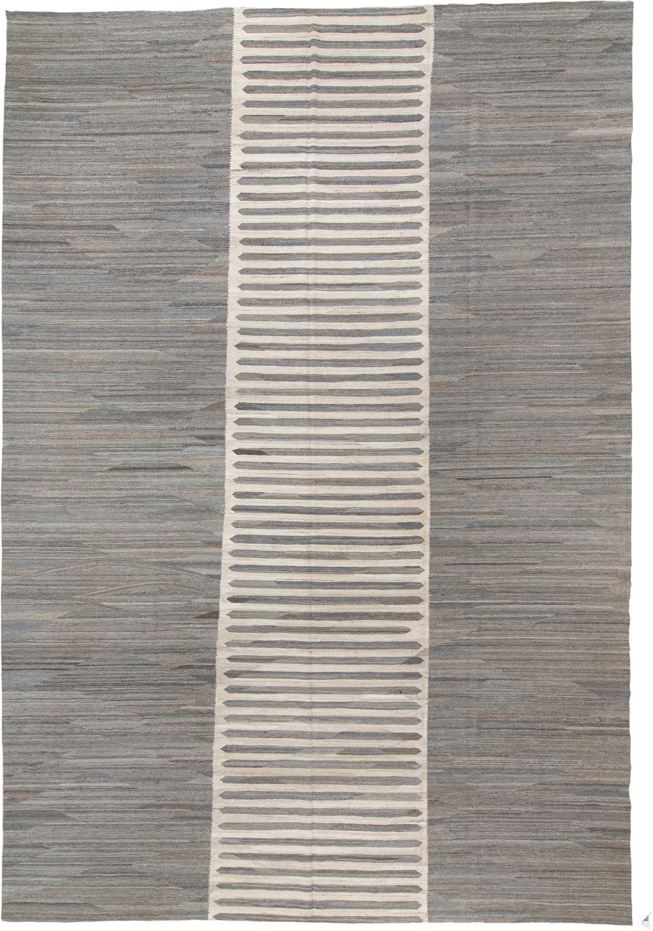 13' x 19' one-of-a-kind handmade vintage Kilim oversize rug. Color palette: gray, ivory, taupe, charcoal, greige, beige