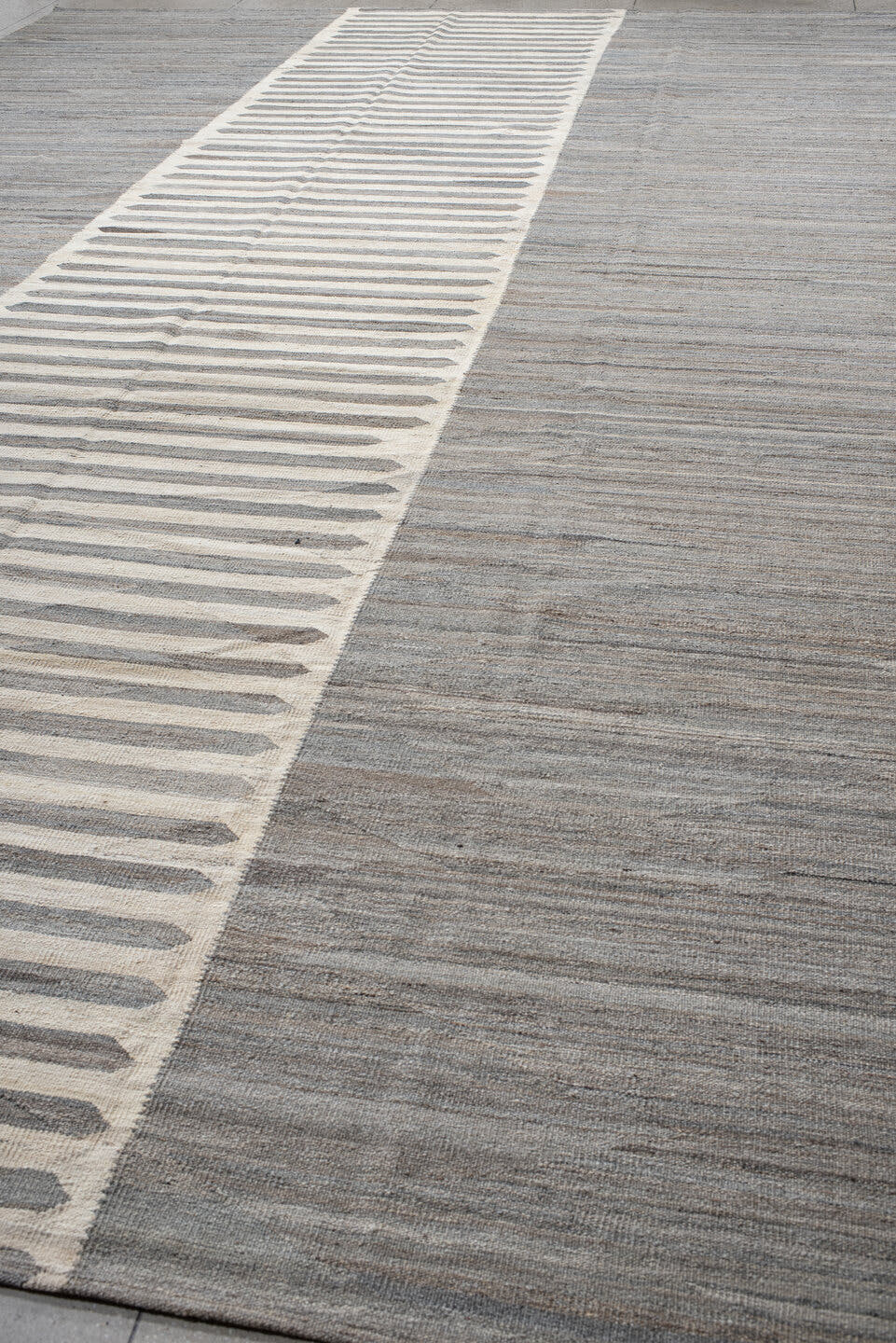 13' x 19' one-of-a-kind handmade vintage Kilim oversize rug. Color palette: gray, ivory, taupe, charcoal, greige, beige