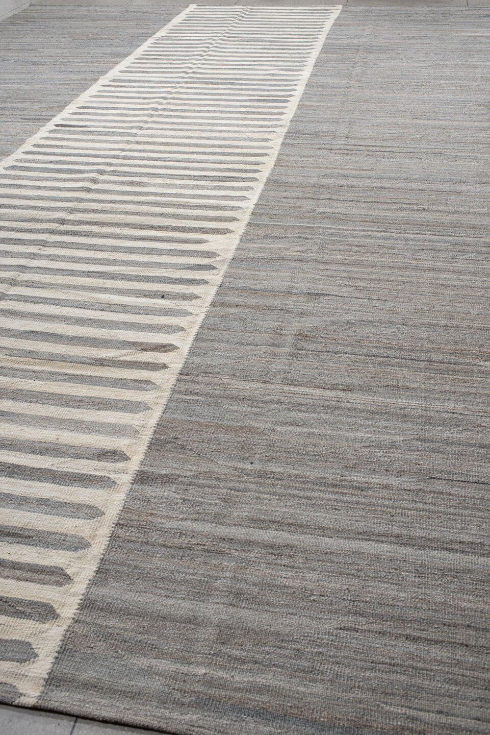 13' x 19' one-of-a-kind handmade vintage Kilim oversize rug. Color palette: gray, ivory, taupe, charcoal, greige, beige