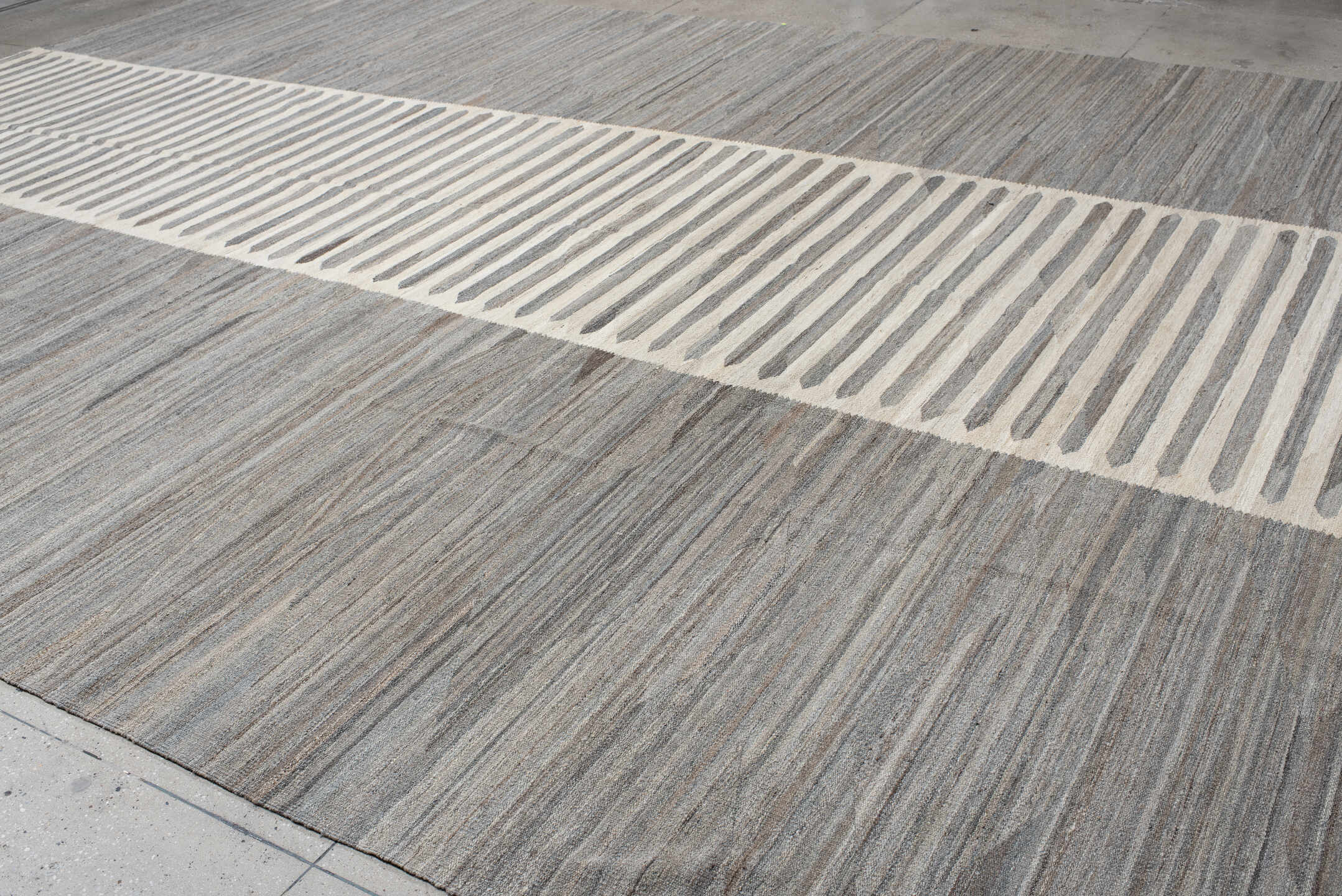 13' x 19' one-of-a-kind handmade vintage Kilim oversize rug. Color palette: gray, ivory, taupe, charcoal, greige, beige