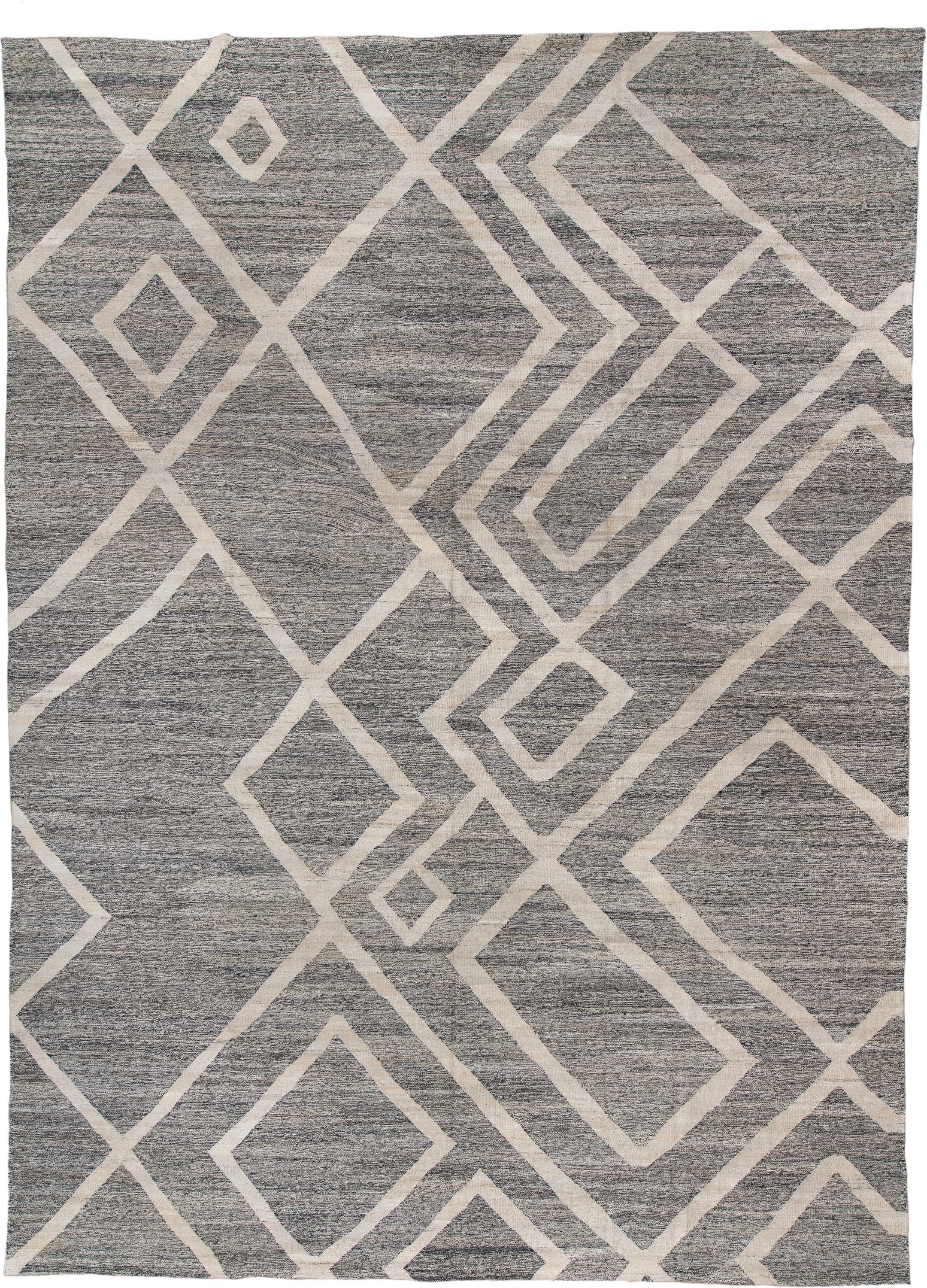 13' x 19' one-of-a-kind handmade vintage Kilim oversize rug. Color palette: gray, ivory, charcoal, black