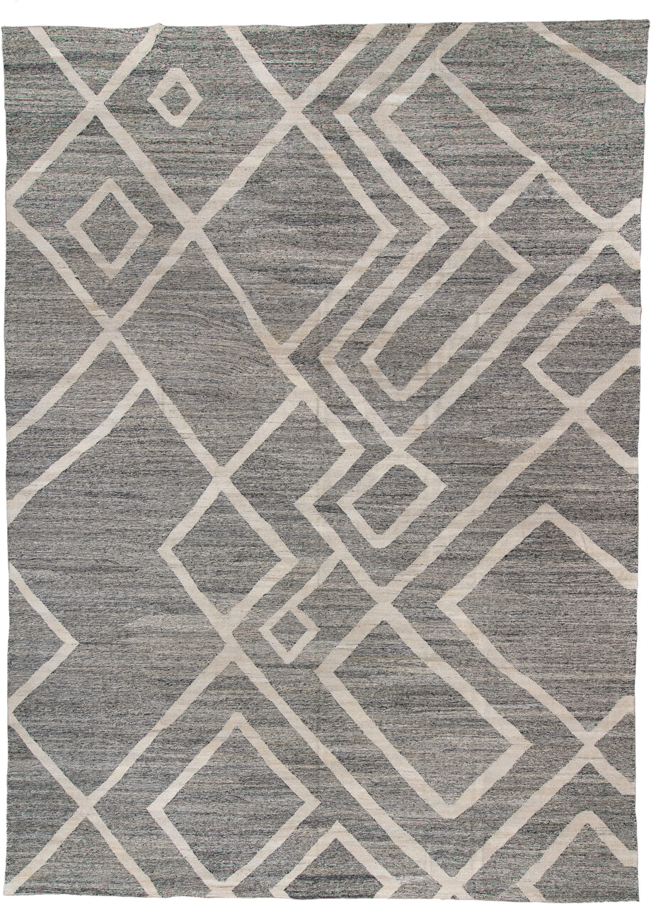 13' x 19' one-of-a-kind handmade vintage Kilim oversize rug. Color palette: gray, ivory, charcoal, black