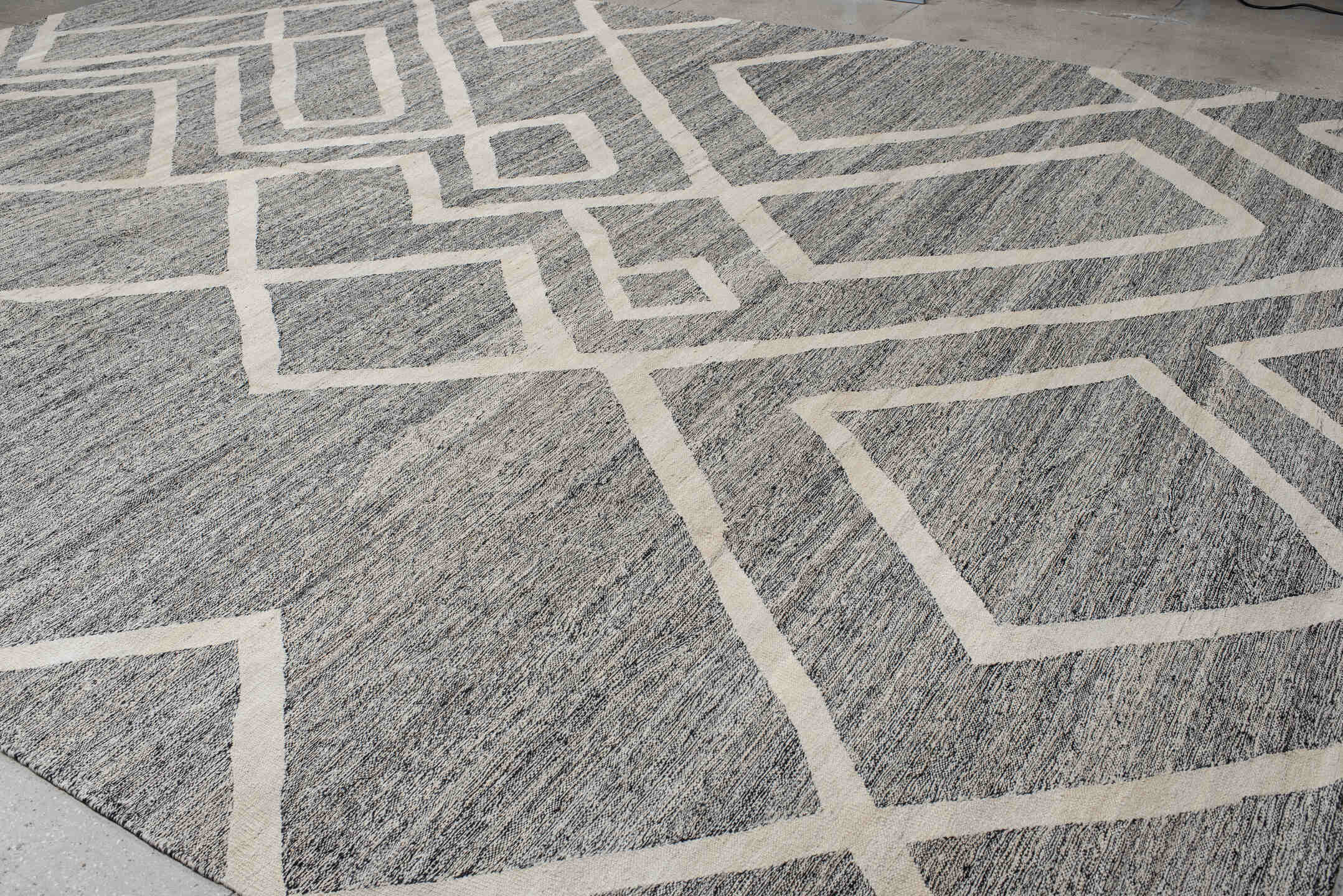 13' x 19' one-of-a-kind handmade vintage Kilim oversize rug. Color palette: gray, ivory, charcoal, black