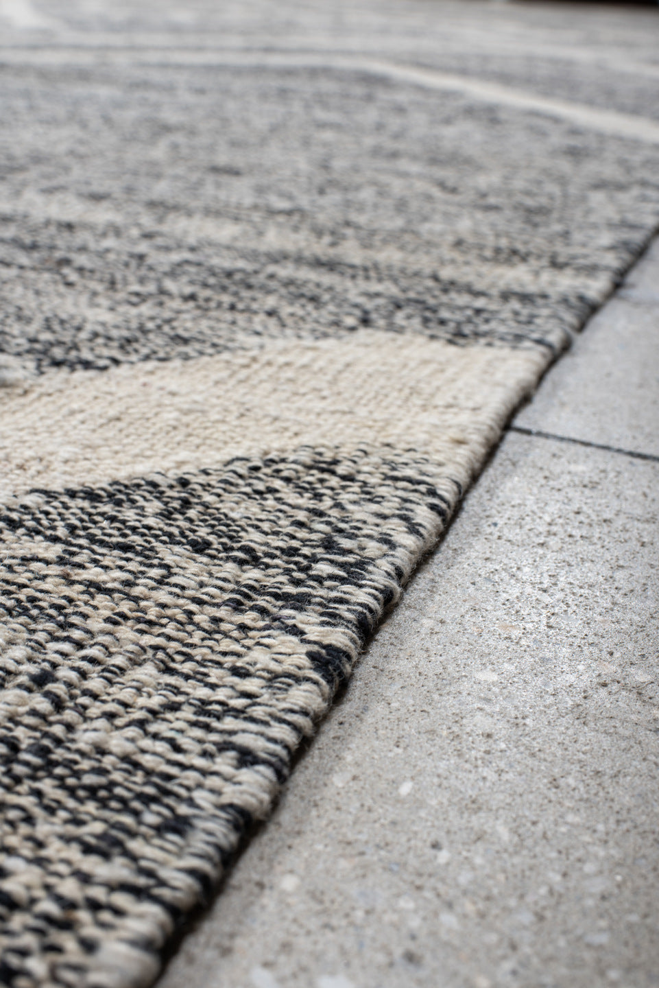 13' x 19' one-of-a-kind handmade vintage Kilim oversize rug. Color palette: gray, ivory, charcoal, black