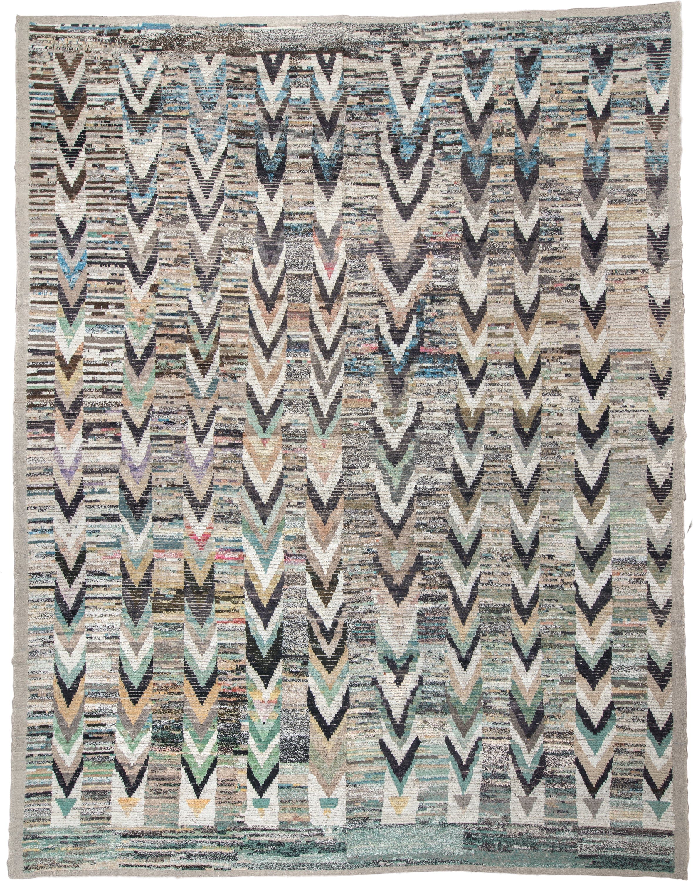 13' x 17' one-of-a-kind handmade vintage Tulu oversize rug. Color palette: ivory, gray, charcoal, aqua, taupe, sage, cream