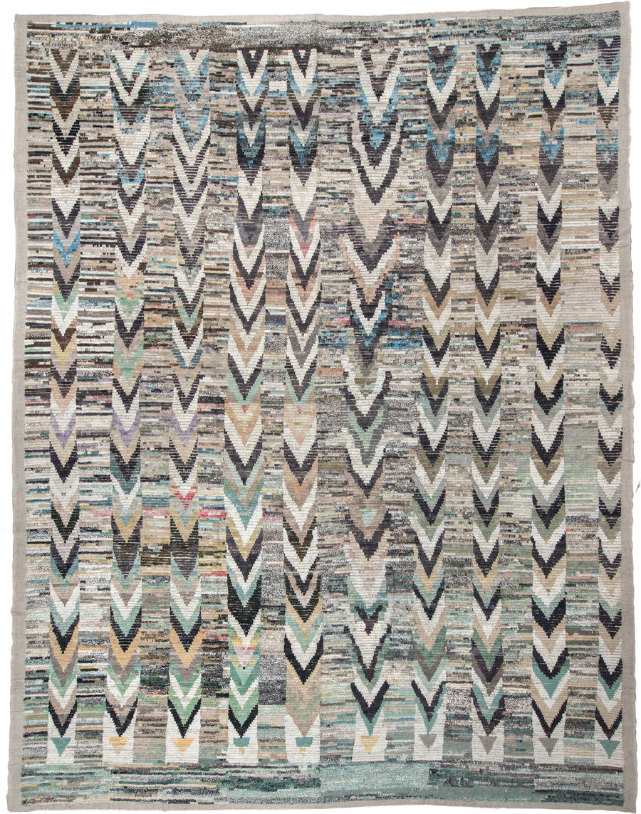 13' x 17' one-of-a-kind handmade vintage Tulu oversize rug. Color palette: ivory, gray, charcoal, aqua, taupe, sage, cream