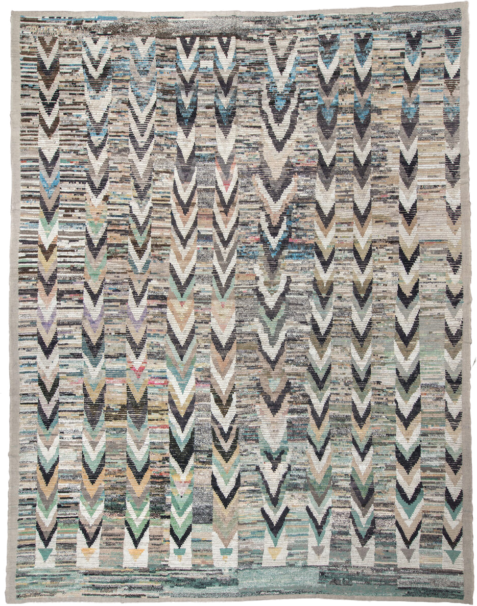 13' x 17' one-of-a-kind handmade vintage Tulu oversize rug. Color palette: ivory, gray, charcoal, aqua, taupe, sage, cream