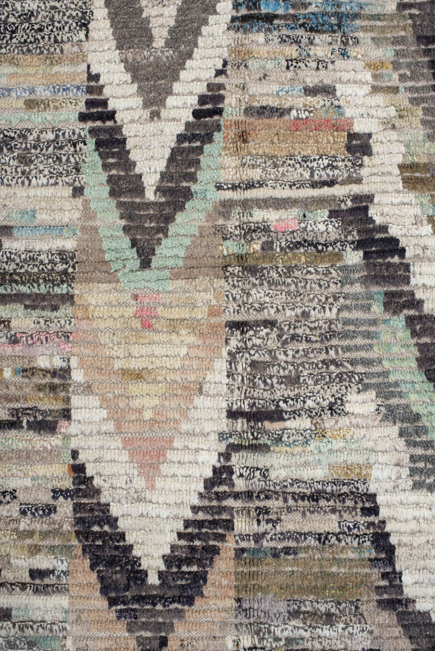 13' x 17' one-of-a-kind handmade vintage Tulu oversize rug. Color palette: ivory, gray, charcoal, aqua, taupe, sage, cream