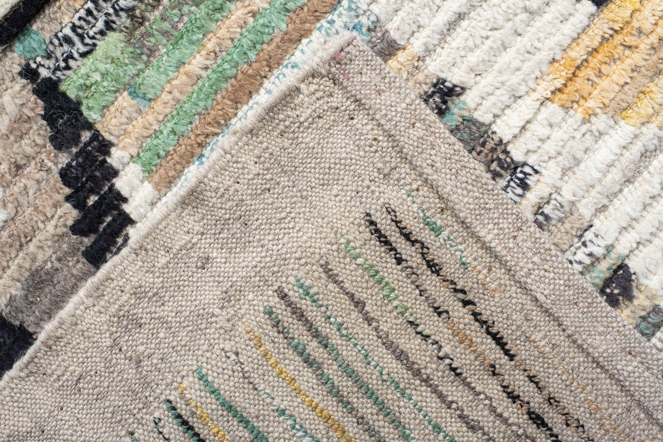 13' x 17' one-of-a-kind handmade vintage Tulu oversize rug. Color palette: ivory, gray, charcoal, aqua, taupe, sage, cream