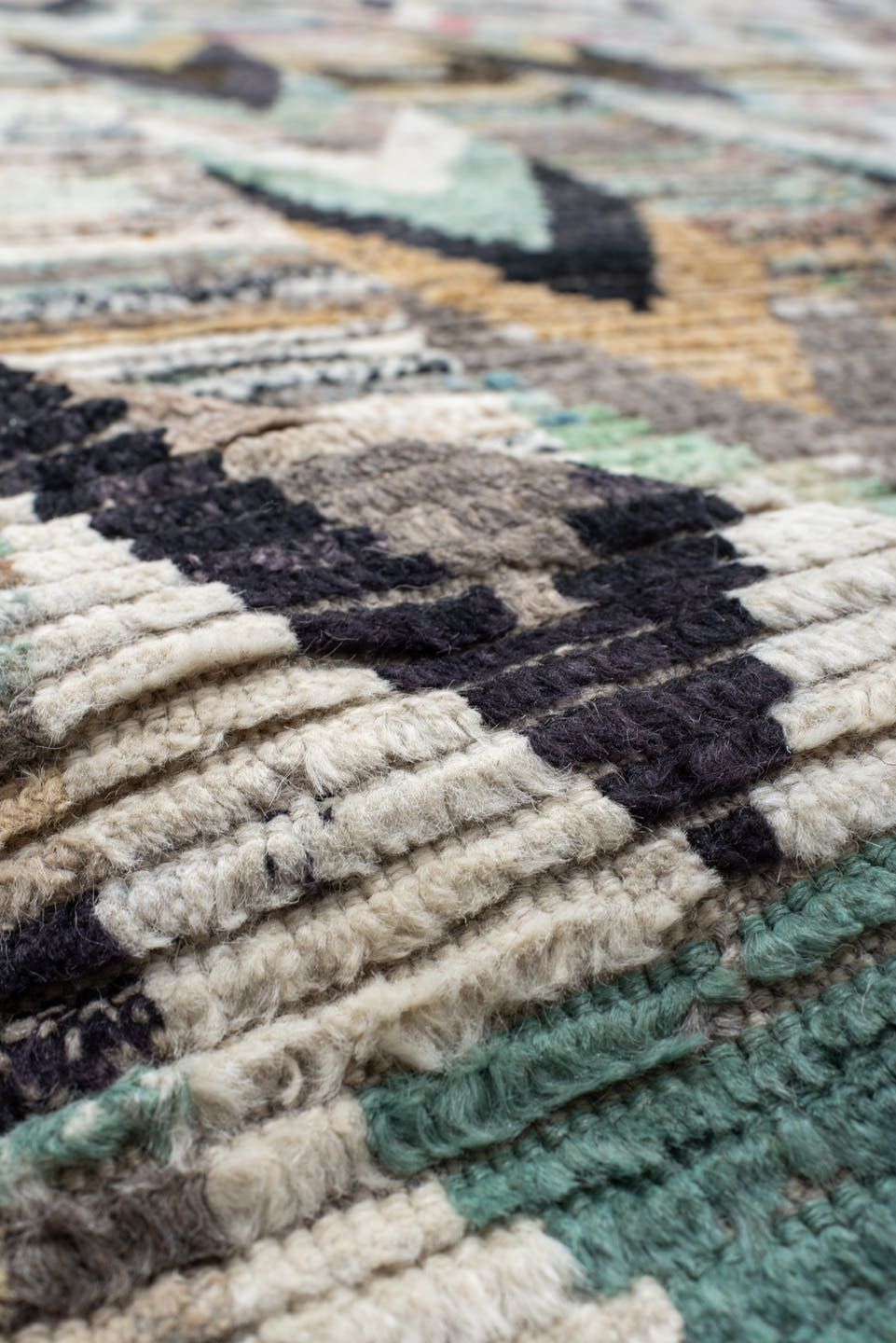 13' x 17' one-of-a-kind handmade vintage Tulu oversize rug. Color palette: ivory, gray, charcoal, aqua, taupe, sage, cream