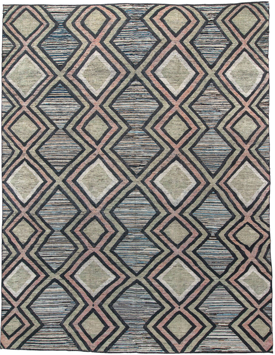 13' x 16' one-of-a-kind handmade vintage Tulu oversize rug. Color palette: ivory, charcoal, blush, pale blue, sage, taupe