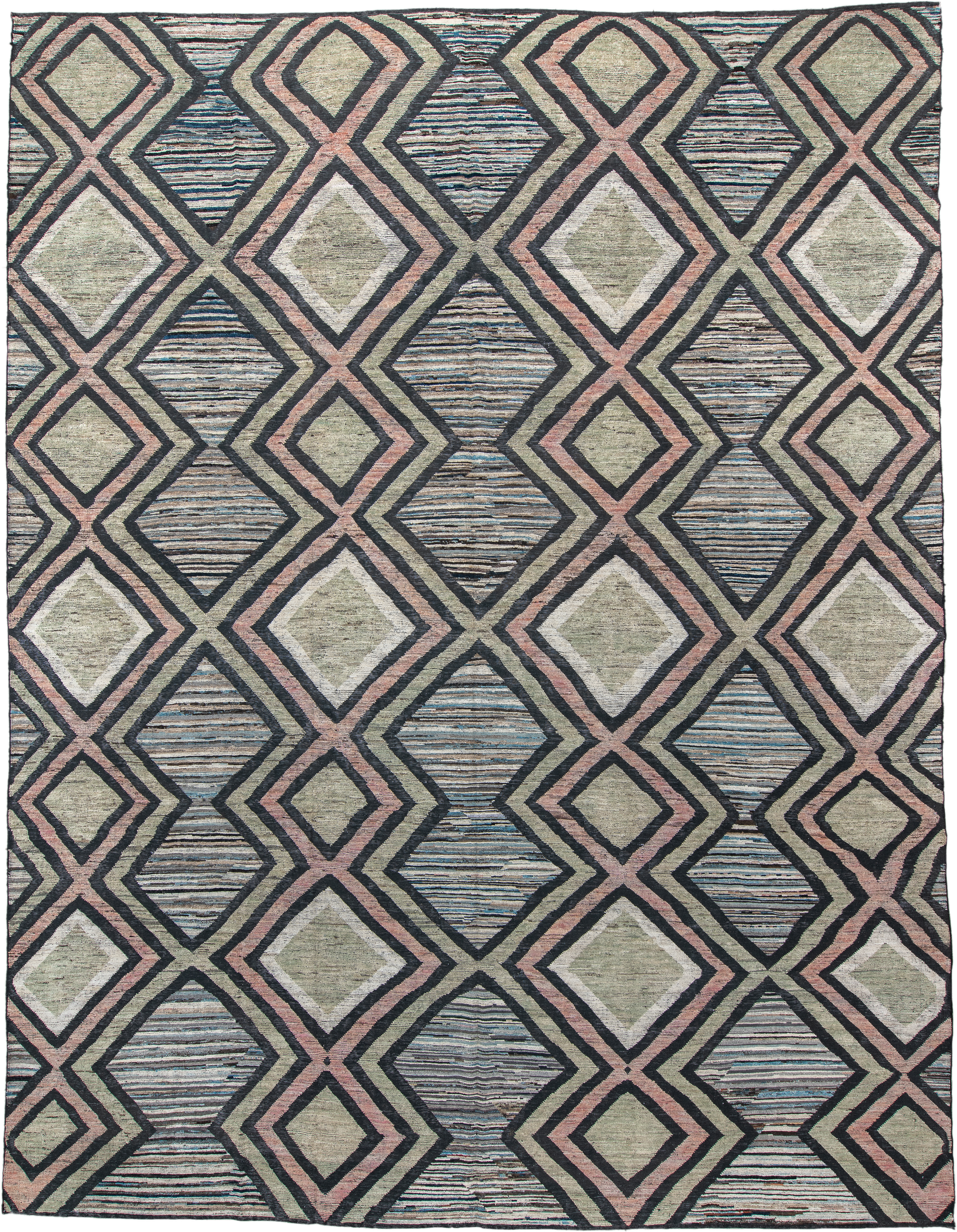 13' x 16' one-of-a-kind handmade vintage Tulu oversize rug. Color palette: ivory, charcoal, blush, pale blue, sage, taupe