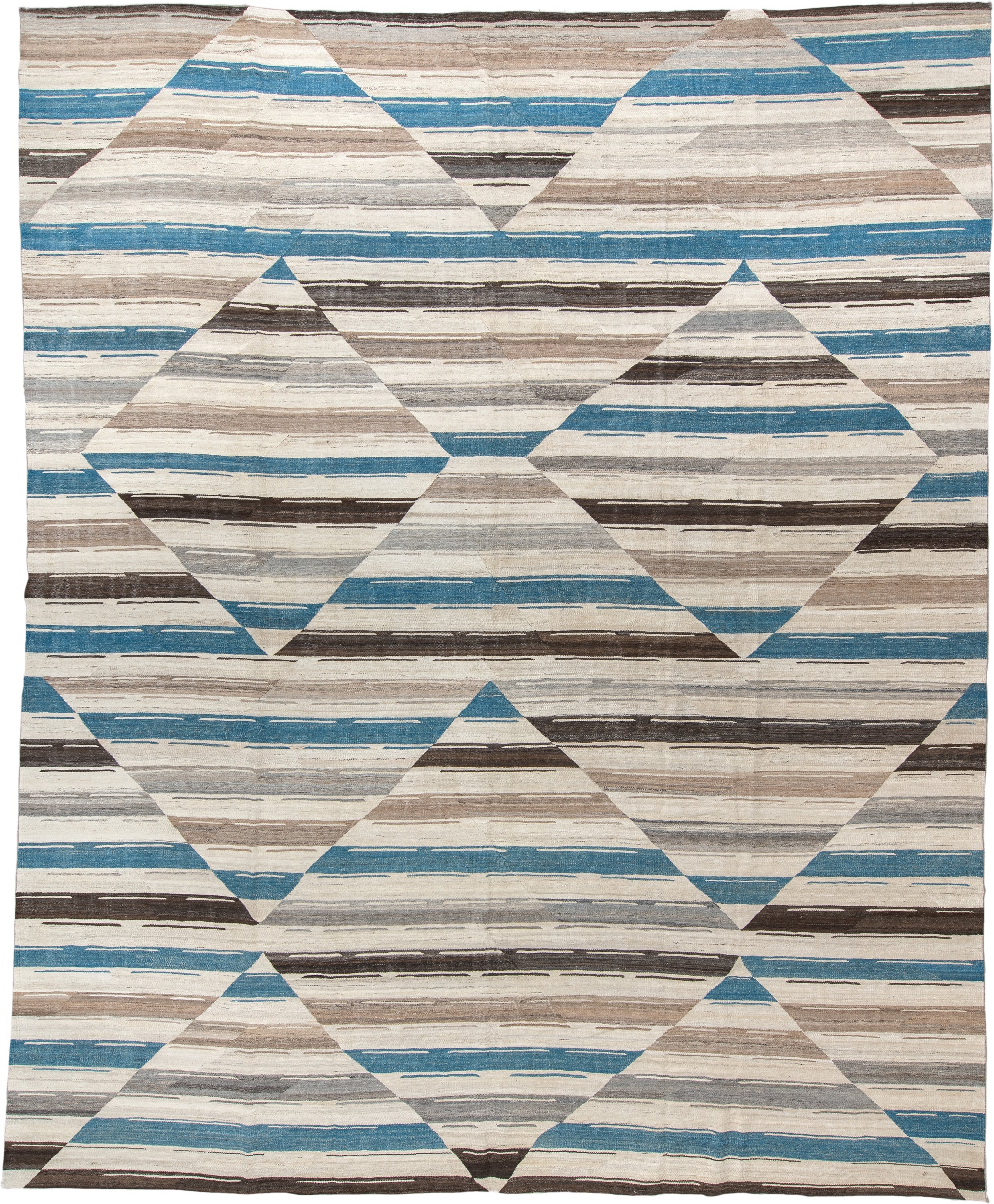13' x 15' one-of-a-kind handmade vintage Kilim oversize rug. Color palette: ivory, taupe, turquoise, brown, gray, beige