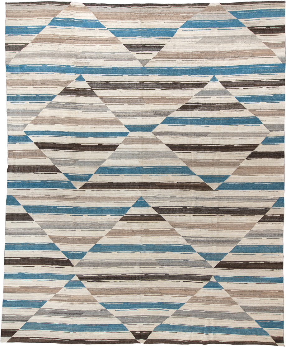 13' x 15' one-of-a-kind handmade vintage Kilim oversize rug. Color palette: ivory, taupe, turquoise, brown, gray, beige