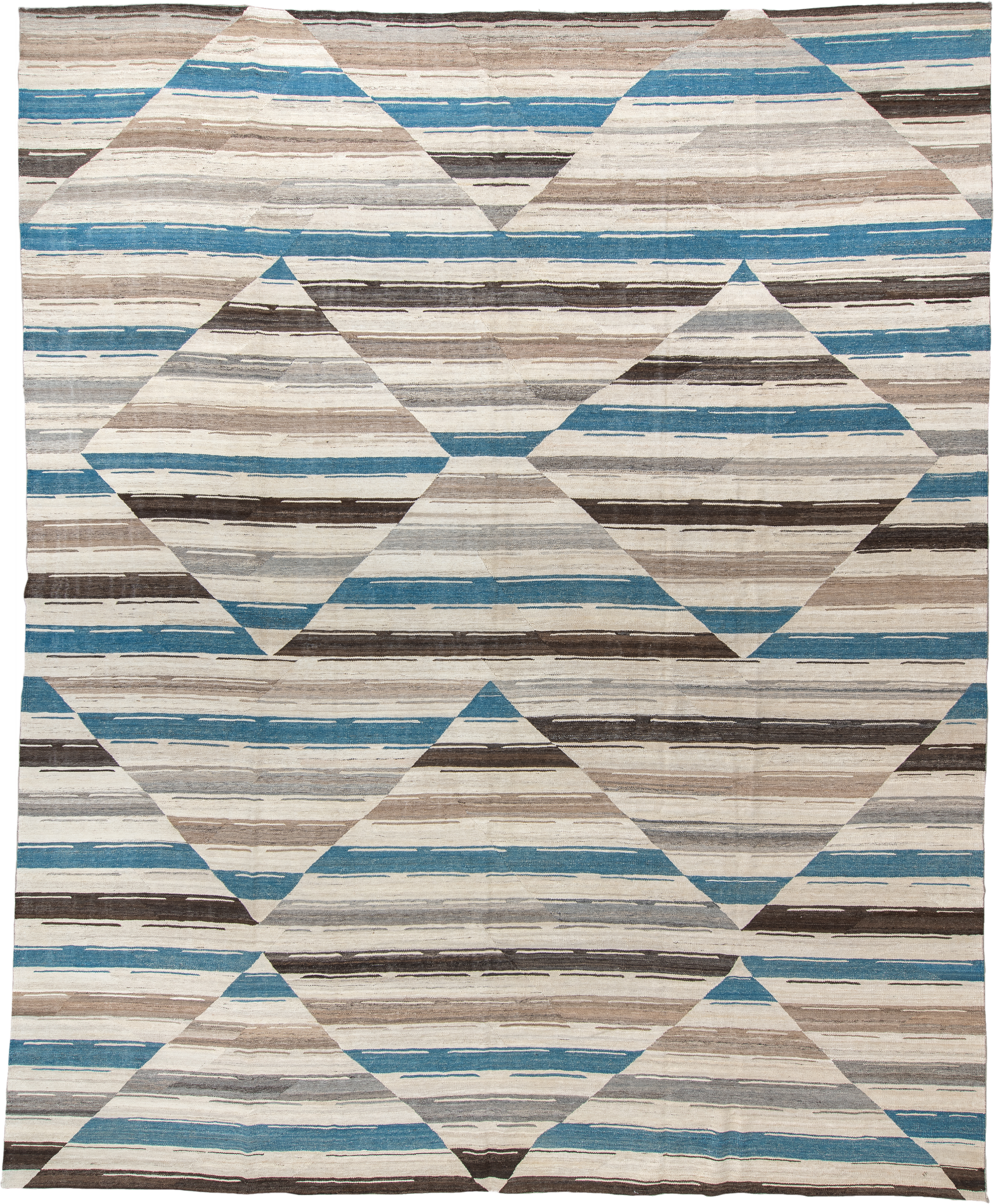 13' x 15' one-of-a-kind handmade vintage Kilim oversize rug. Color palette: ivory, taupe, turquoise, brown, gray, beige
