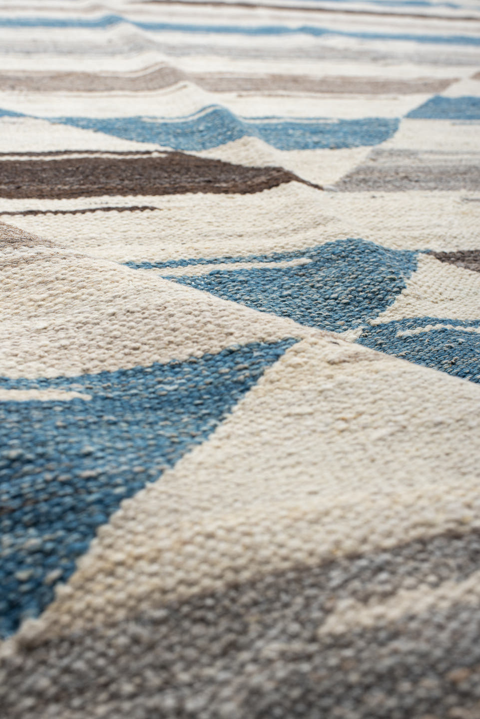 13' x 15' one-of-a-kind handmade vintage Kilim oversize rug. Color palette: ivory, taupe, turquoise, brown, gray, beige