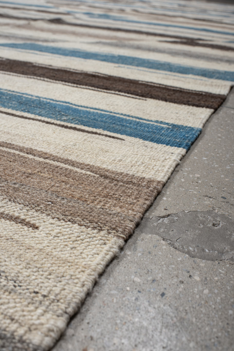 13' x 15' one-of-a-kind handmade vintage Kilim oversize rug. Color palette: ivory, taupe, turquoise, brown, gray, beige