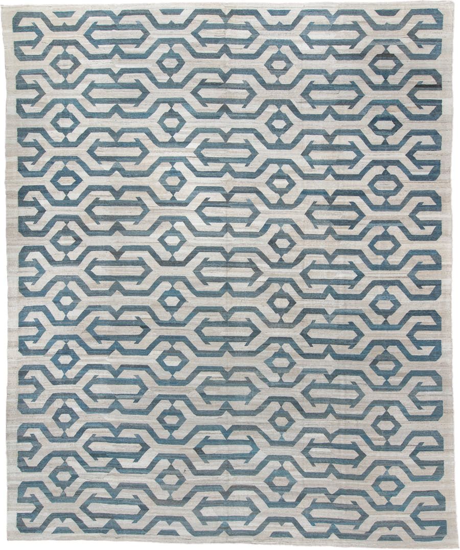 13' x 17' one-of-a-kind handmade vintage Kilim oversize rug. Color palette: ivory, sky blue, slate blue, cream, taupe