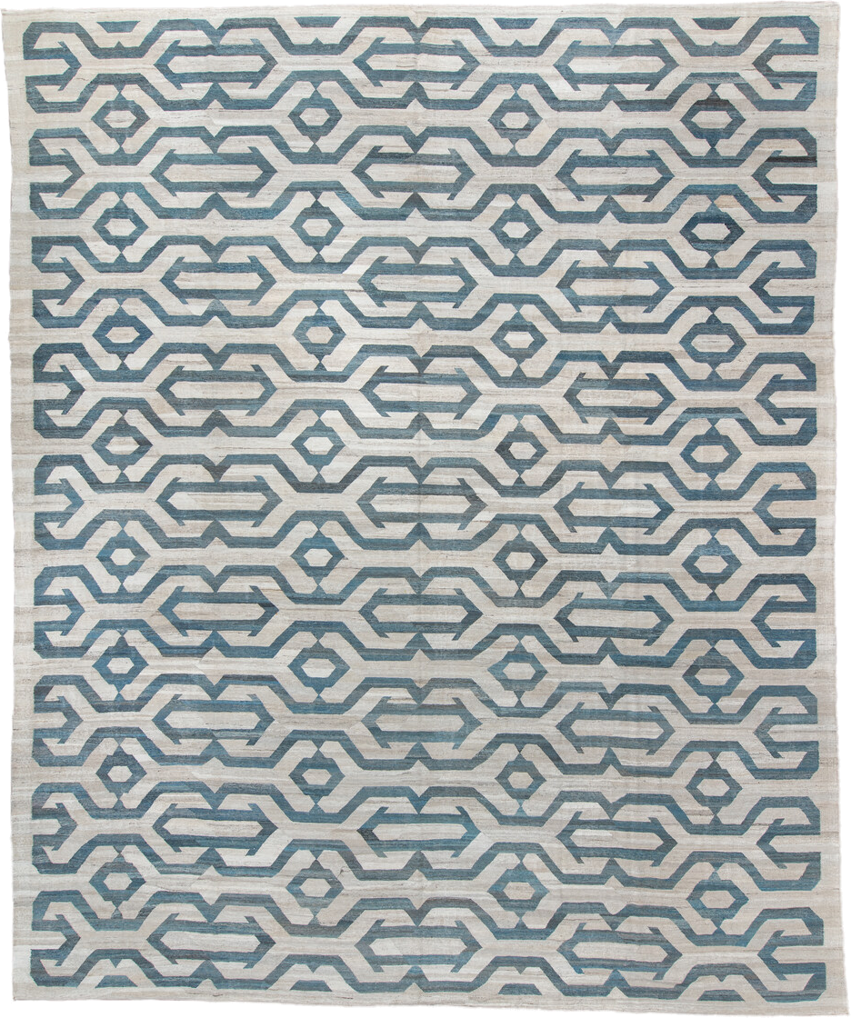 13' x 17' one-of-a-kind handmade vintage Kilim oversize rug. Color palette: ivory, sky blue, slate blue, cream, taupe