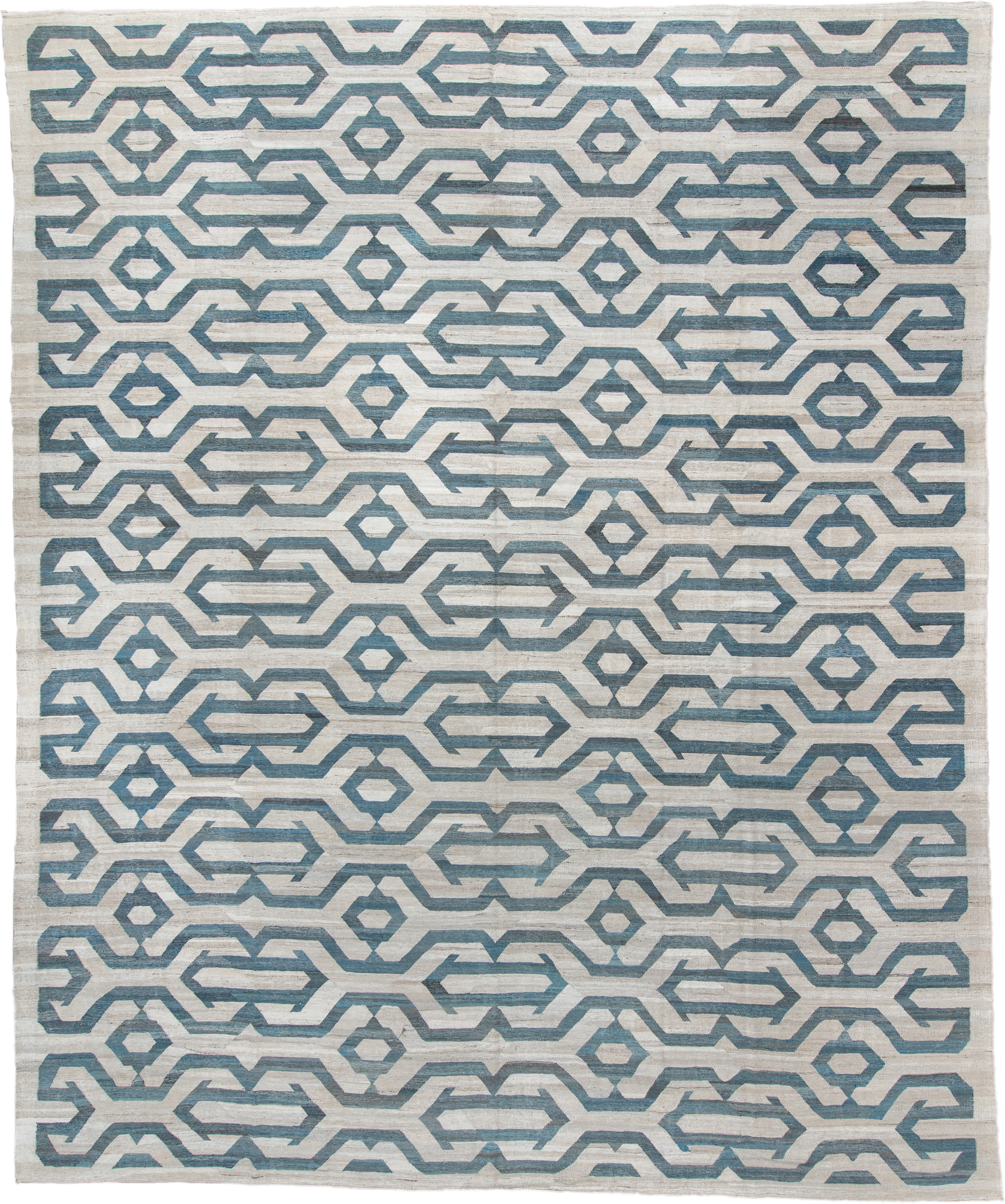 13' x 17' one-of-a-kind handmade vintage Kilim oversize rug. Color palette: ivory, sky blue, slate blue, cream, taupe