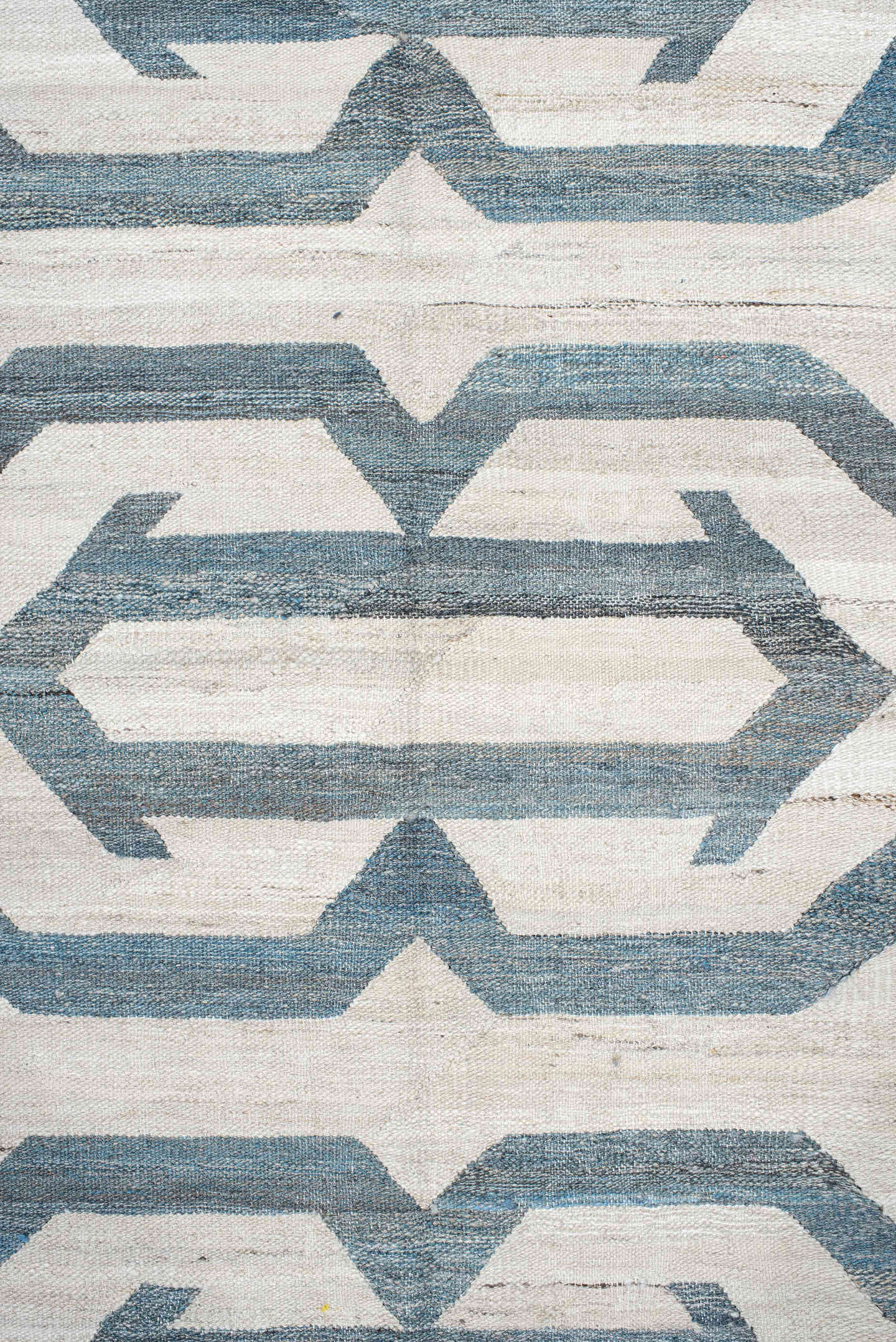 13' x 17' one-of-a-kind handmade vintage Kilim oversize rug. Color palette: ivory, sky blue, slate blue, cream, taupe