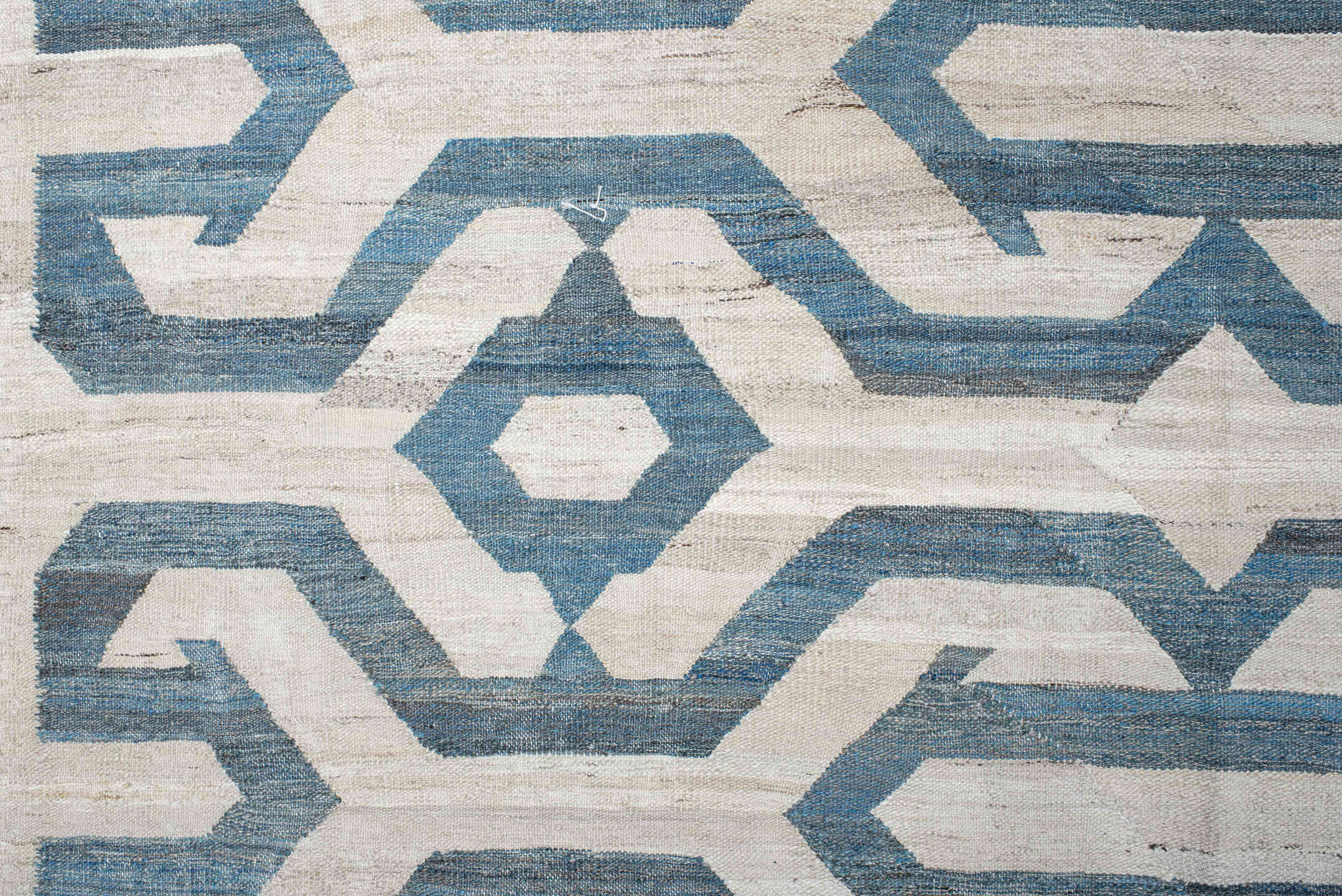 13' x 17' one-of-a-kind handmade vintage Kilim oversize rug. Color palette: ivory, sky blue, slate blue, cream, taupe