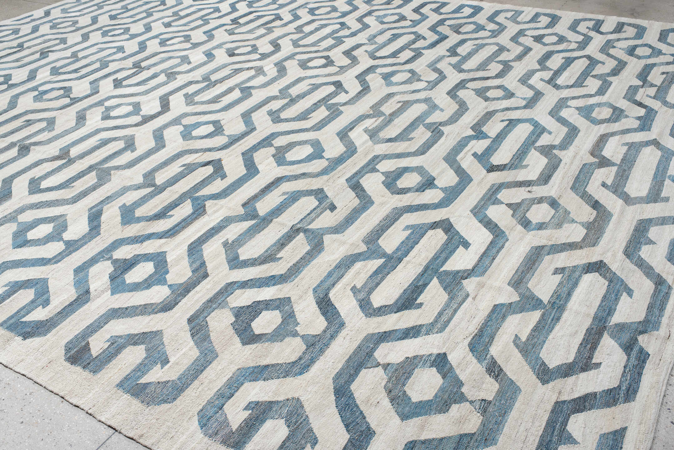 13' x 17' one-of-a-kind handmade vintage Kilim oversize rug. Color palette: ivory, sky blue, slate blue, cream, taupe