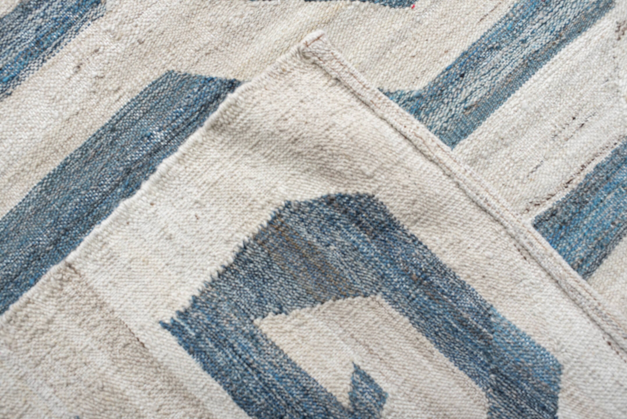 13' x 17' one-of-a-kind handmade vintage Kilim oversize rug. Color palette: ivory, sky blue, slate blue, cream, taupe