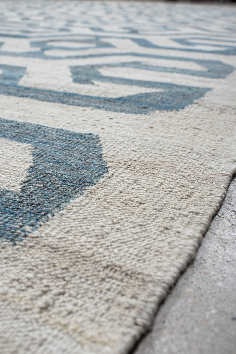 13' x 17' one-of-a-kind handmade vintage Kilim oversize rug. Color palette: ivory, sky blue, slate blue, cream, taupe