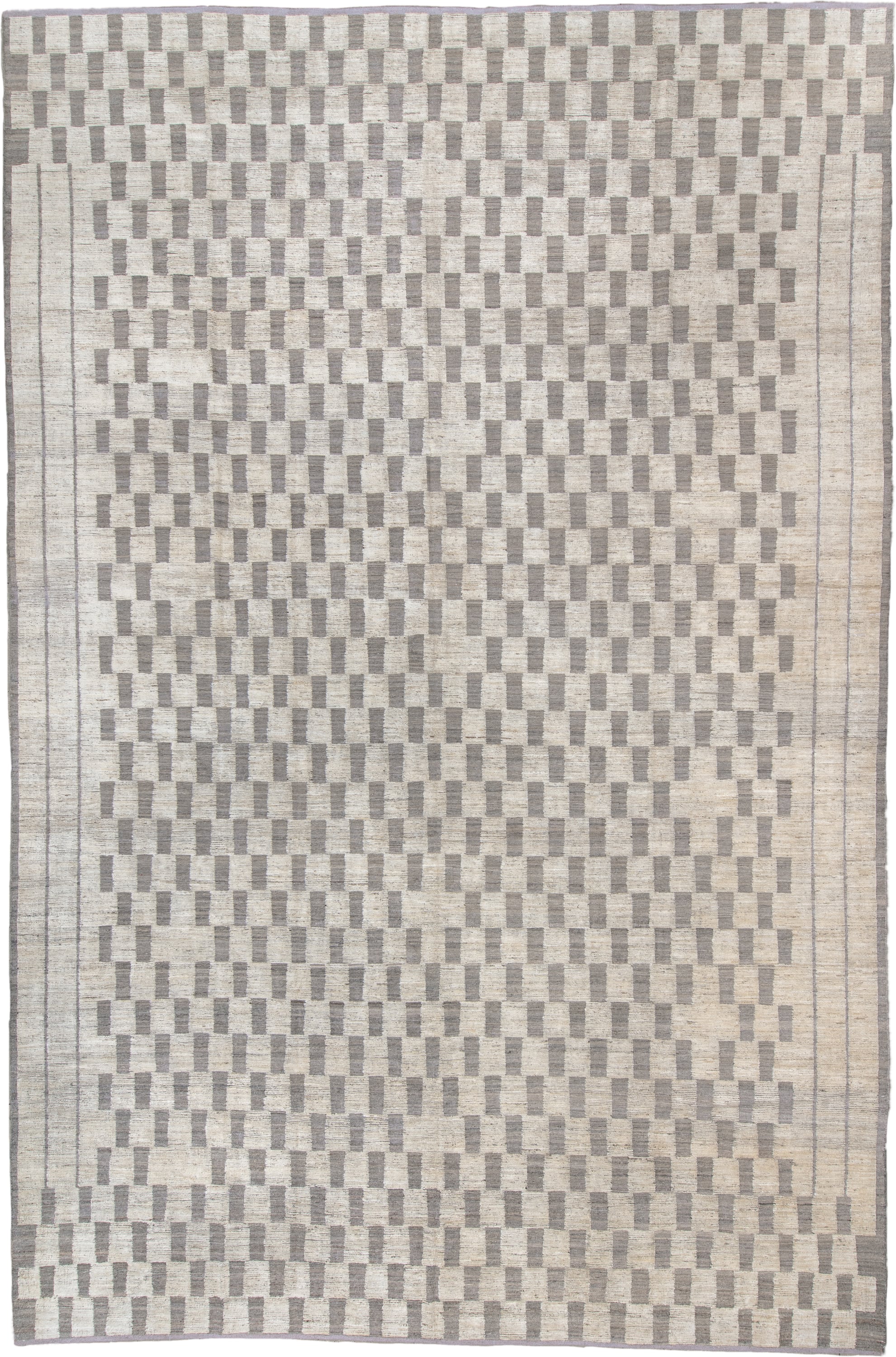 12' x 19' one-of-a-kind handmade vintage Tulu oversize rug. Color palette: ivory, taupe, gray, cream, beige