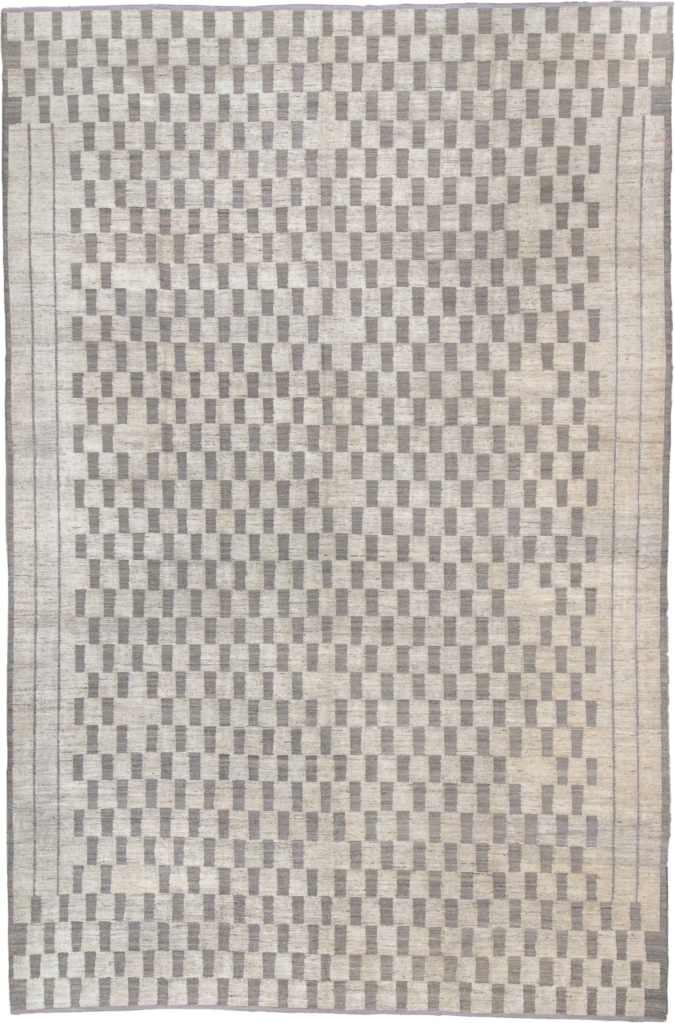12' x 19' one-of-a-kind handmade vintage Tulu oversize rug. Color palette: ivory, taupe, gray, cream, beige