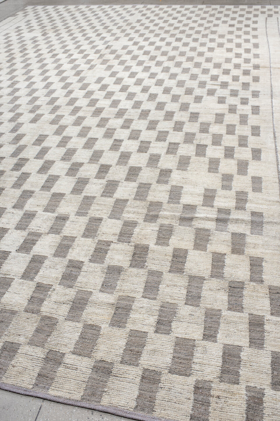 12' x 19' one-of-a-kind handmade vintage Tulu oversize rug. Color palette: ivory, taupe, gray, cream, beige