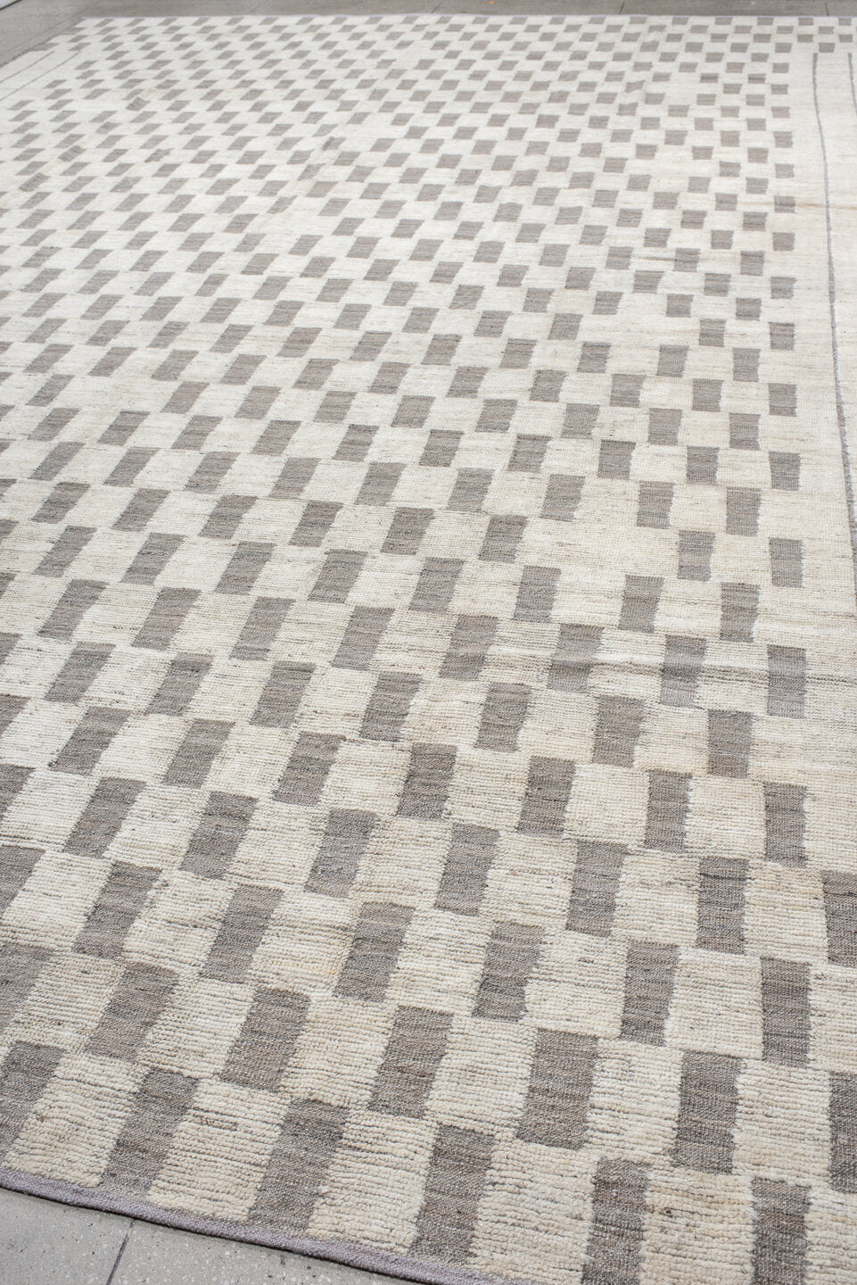 12' x 19' one-of-a-kind handmade vintage Tulu oversize rug. Color palette: ivory, taupe, gray, cream, beige