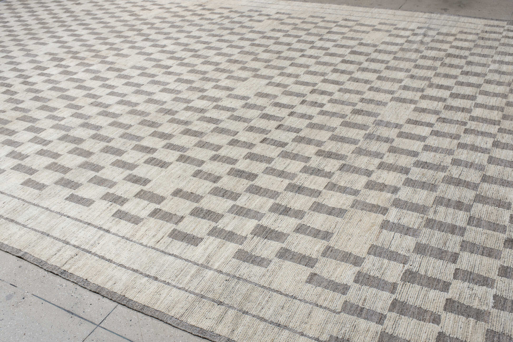 12' x 19' one-of-a-kind handmade vintage Tulu oversize rug. Color palette: ivory, taupe, gray, cream, beige