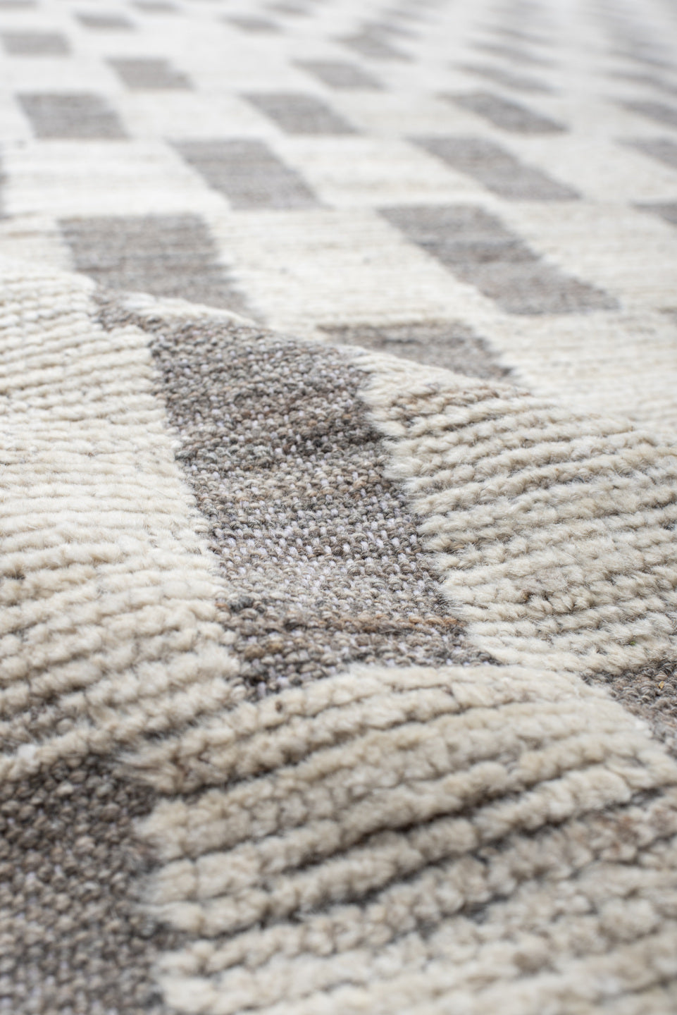 12' x 19' one-of-a-kind handmade vintage Tulu oversize rug. Color palette: ivory, taupe, gray, cream, beige