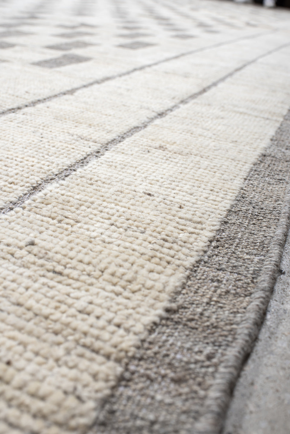 12' x 19' one-of-a-kind handmade vintage Tulu oversize rug. Color palette: ivory, taupe, gray, cream, beige