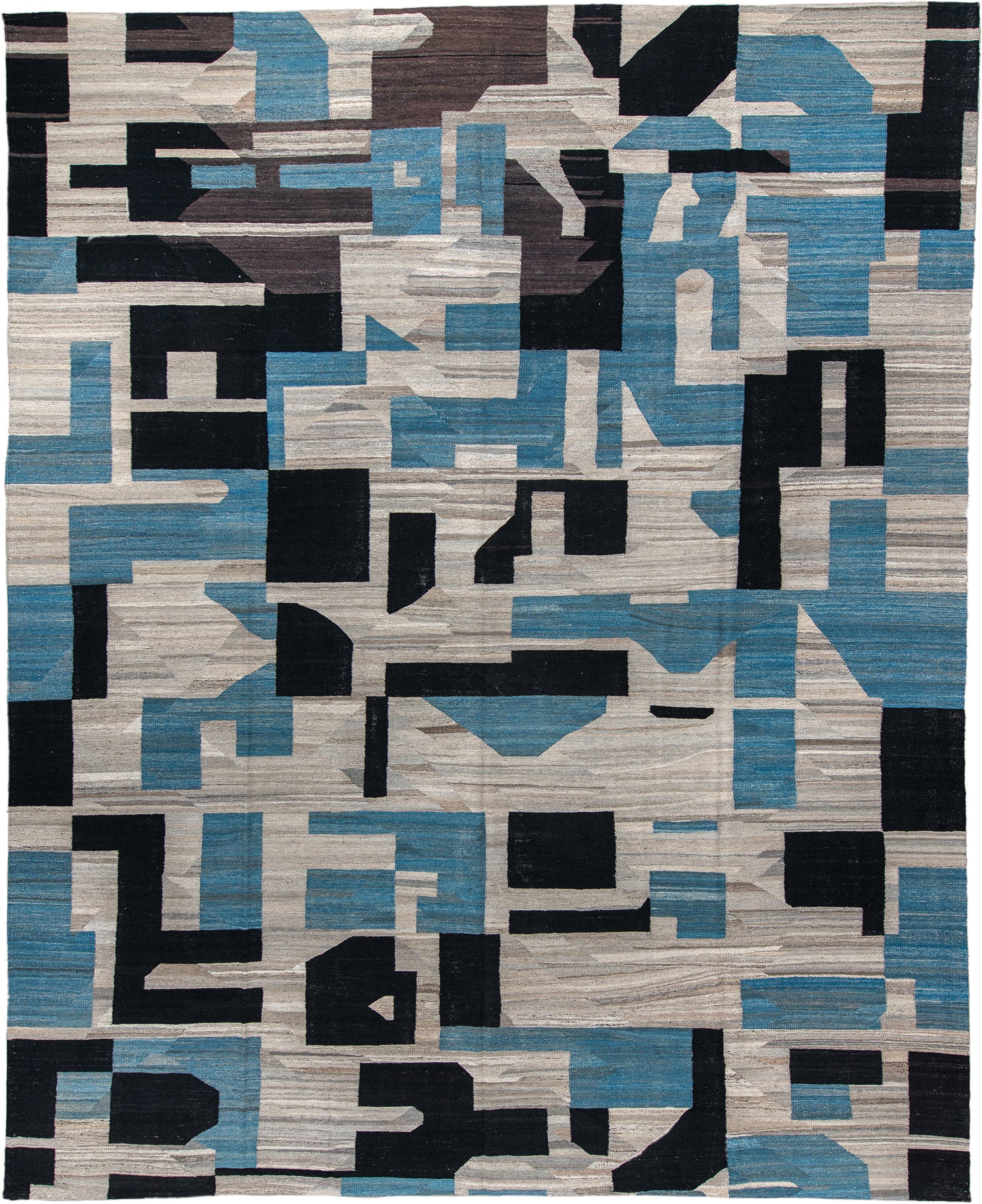 13' x 16' one-of-a-kind handmade vintage Kilim oversize rug. Color palette: ivory, sky_blue, charcoal, brown, taupe