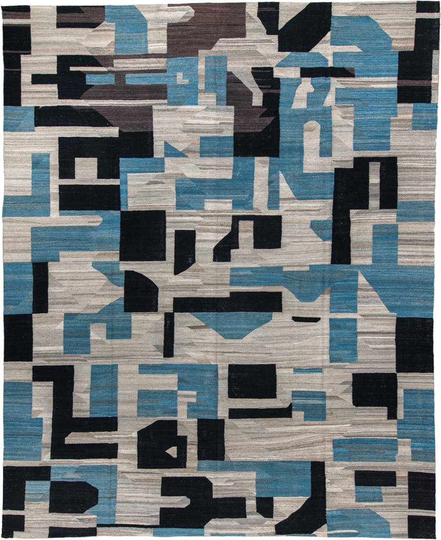 13' x 16' one-of-a-kind handmade vintage Kilim oversize rug. Color palette: ivory, sky_blue, charcoal, brown, taupe