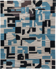 13' x 16' one-of-a-kind handmade vintage Kilim oversize rug. Color palette: ivory, sky_blue, charcoal, brown, taupe