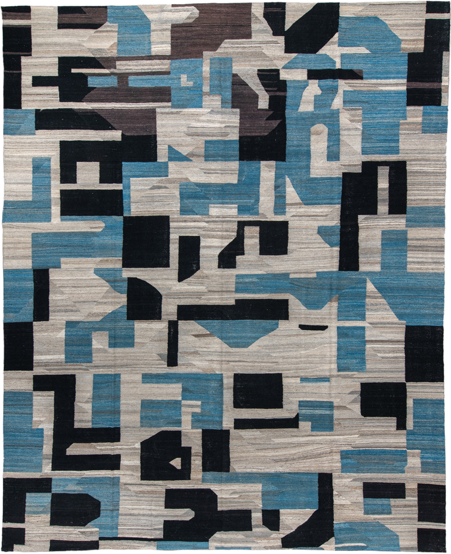 13' x 16' one-of-a-kind handmade vintage Kilim oversize rug. Color palette: ivory, sky_blue, charcoal, brown, taupe